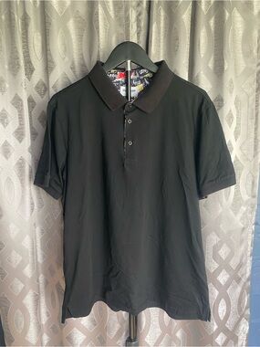 Duchamp London Black Polo Shirt Graphic Graffiti Contrast Collar Men’s L